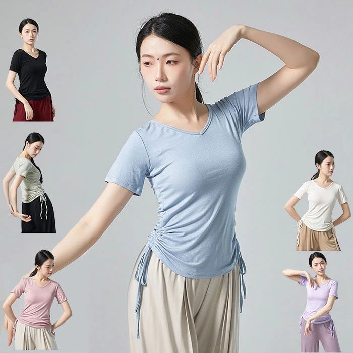 交际舞 - ダンス トップス レディース 全6色 大人用 練習着 半袖 Vネック ダンストップス レッスンウェア ヨガ バレエ 社交ダンス モダンダンス 古典ダンス ジム アジャスター 普段着 丈調節ひも付 女性用 ダンスウェア 団体服 お揃い 社交ダンス衣装 無地 シンプル S M L XL 2XL