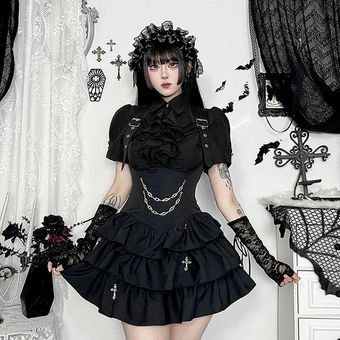 レディース ゴシックワンピース 2点セット 半袖トップス ワンピース ホルダーネック ハロウィン コスプレ衣装 フリル レディース ゴスロリ ミニワンピース 悪魔 蝙蝠 デビル 吸血鬼 ドラキュラ 仮装 女性 大人 可愛い ゴシック cosplay 暗黒系 ハロウィン仮装 セクシー