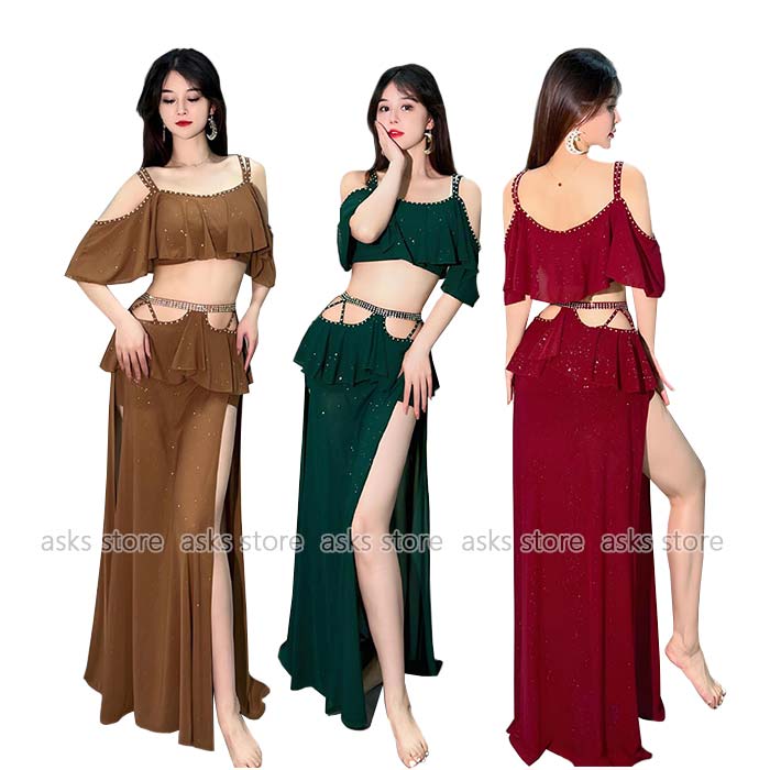 ベリーダンス衣装 ラメ入り 上下セット 練功服 トップス フレア袖 肩出し へそ出し スパンコール キラキラ スカート スリット入り インナーパンツ付き 競技着 飄逸 ベリーダンス 衣装 レッスン着 ステージ衣装 舞台衣装 発表会 お揃い 団体服 コスチューム セクシー