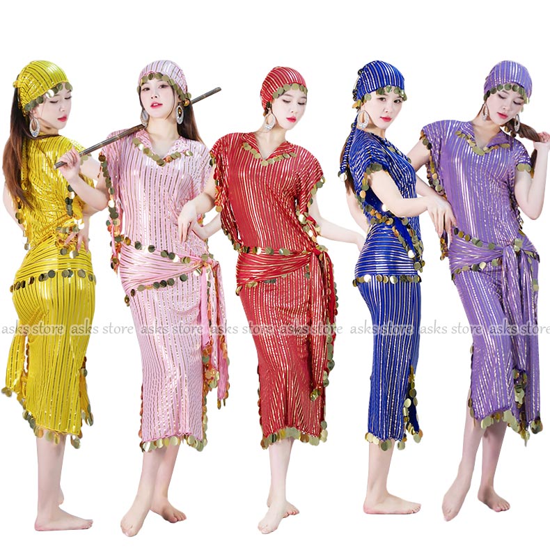 ベリーダンス衣装 ガウン スパンコール キラキラ 練功服 ワンピース ヒップスカーフ ヘッドバンド 全5色 スリット入り キラキラ エスニック ステージ衣装 競技着 カジュアル 体型カバー レッスン着 モダンダンス ベリーダンス 民族風 練習着 発表会 演出 舞台衣装 おしゃれ