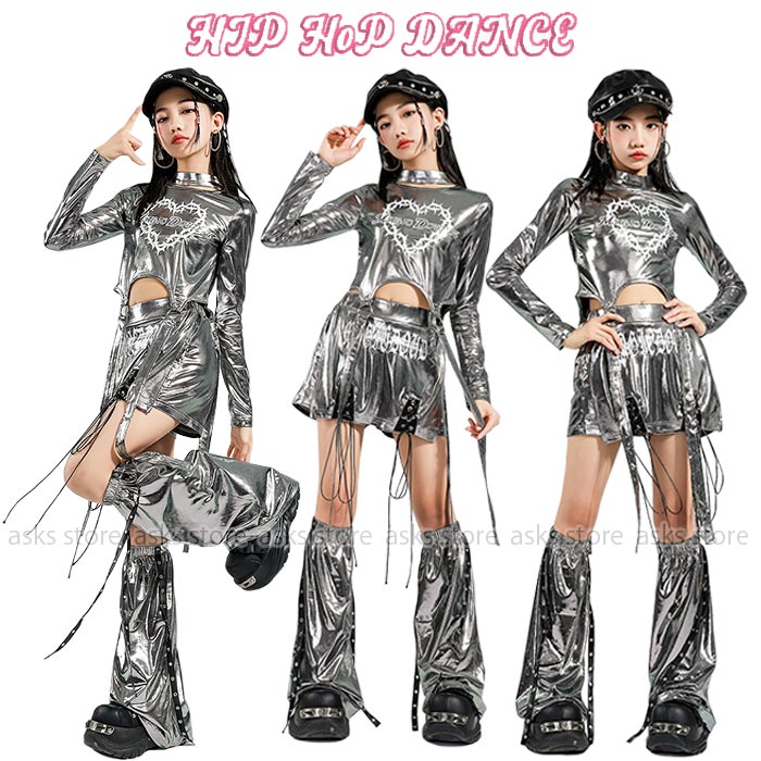 Rakuten - 子供ダンス衣装 シルバー ジャズダンス ヒップホップ 長袖トップス ショートパンツ レッグカバー キッズ ダンス衣装 ストリートダンス ピカピカ 光沢感 舞台 ステージ衣装 団体 演出服 女の子 かわいい Hiphop k-pop チアダンス jazz 発表会 応援団 公演服 練習着 カッコいい