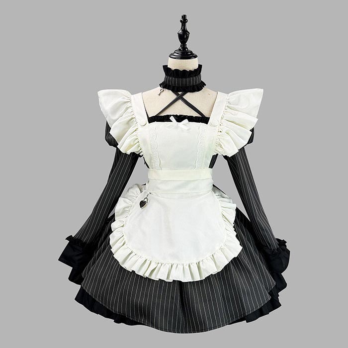 コスプレ衣装 ロリータ 長袖 ワンピース 縦縞 エプロン チョーカー ロリータドレス メイド服 ウェイトレス コスチューム ロリータ 可愛い フリル 洋服 喫茶店 仮装 カフェ メイド アニメ ドレス パーティー イベント ゴスロリ ハロウィン 男性ウケ 大きいサイズ S-5XL 2