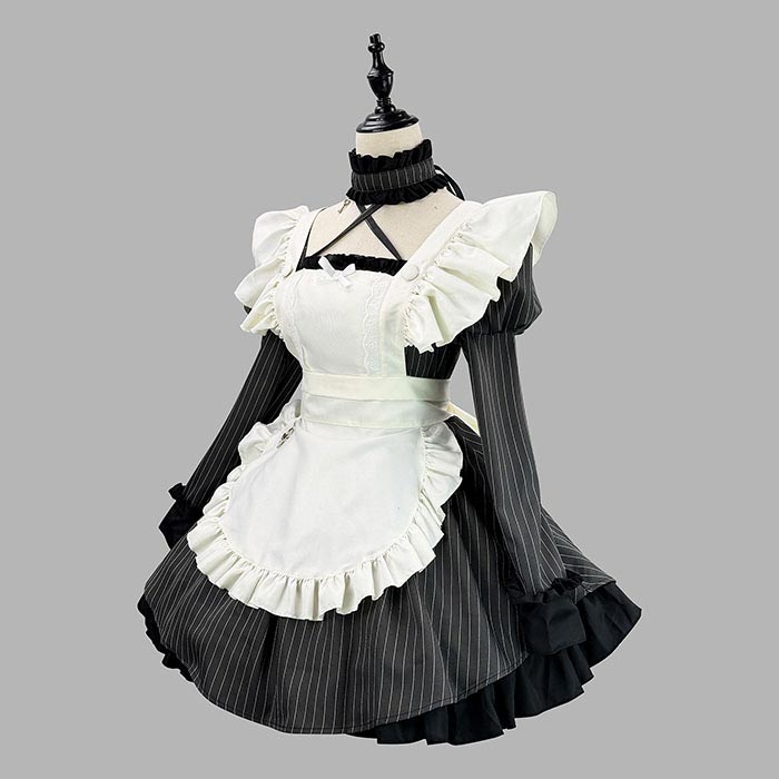 コスプレ衣装 ロリータ 長袖 ワンピース 縦縞 エプロン チョーカー ロリータドレス メイド服 ウェイトレス コスチューム ロリータ 可愛い フリル 洋服 喫茶店 仮装 カフェ メイド アニメ ドレス パーティー イベント ゴスロリ ハロウィン 男性ウケ 大きいサイズ S-5XL 3