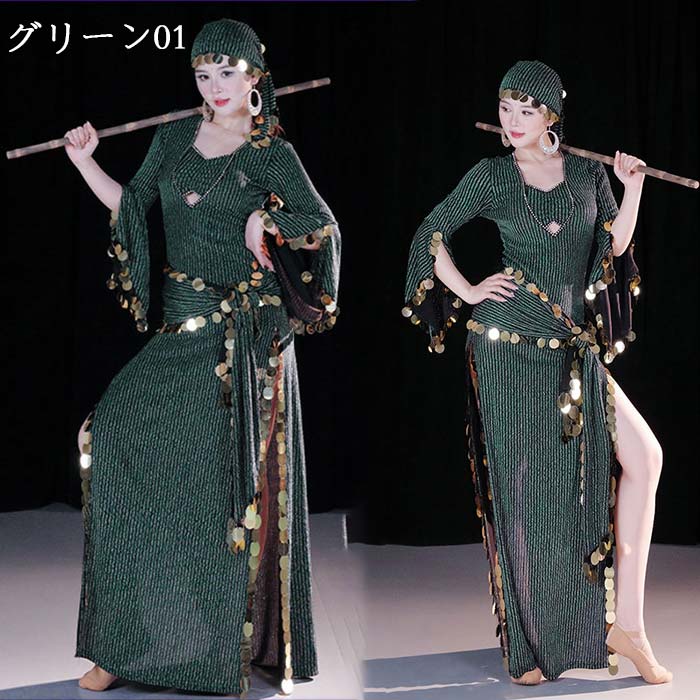 ベリーダンス衣装 ステージ演出 4点セット ガウンワンピース ヒップスカーフ ヘッドベール インナーパンツ コインフリンジ キラキラ 大人 オリエンタル エジプト サイディ バラディ パフォーマンス 民族ダンス衣装 ロング スリット saidi 練習着 レッスン着 セクシー 2