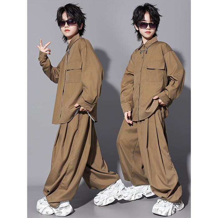 Top & Bottom Sets - ジャズダンス衣装 キッズ セットアップ シャツ 長袖 カーゴパンツ ネックレス 韓国風 ヒップホップ ポッピング ストリートダンス キッズ ダンス衣装 韓国子供 派手 ステージ衣装 女の子 男の子 韓国 K-POP 演出服 舞台服 練習着 jazz ジャズダンス かっこいい 普段着 子供服