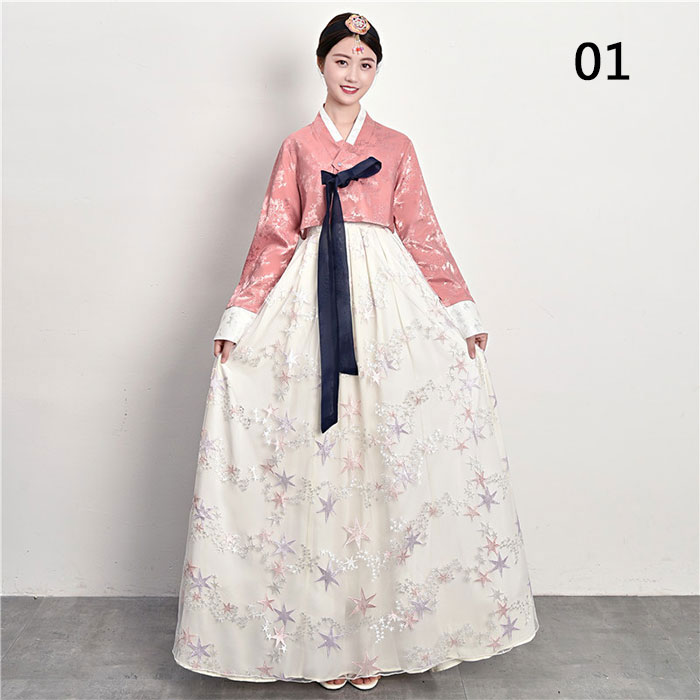 クレオパトラセレクトの韓服 チマチョゴリ 韓国民族衣裳 14色 朝鮮服 舞台 ステージ ダンス 衣装 宮廷 韓服 ドレス チマチョゴリ 朝鮮族ウエディングドレス レース 長袖 ジャガード 総柄 星柄 花刺繍 レース 学園祭 文化祭 韓流コスプレ衣装 ハロウィン衣装 普段着　コスプレ イベント S M L XL｜アングル2