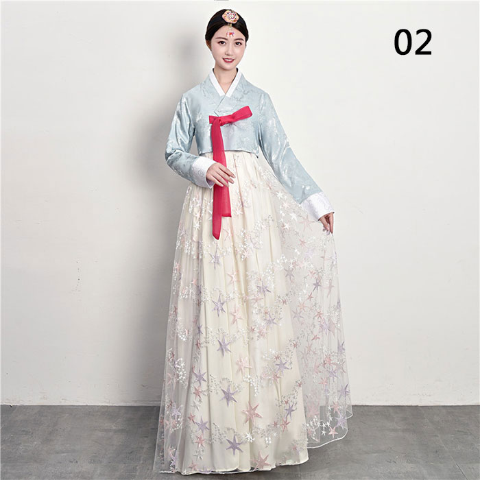 クレオパトラセレクトの韓服 チマチョゴリ 韓国民族衣裳 14色 朝鮮服 舞台 ステージ ダンス 衣装 宮廷 韓服 ドレス チマチョゴリ 朝鮮族ウエディングドレス レース 長袖 ジャガード 総柄 星柄 花刺繍 レース 学園祭 文化祭 韓流コスプレ衣装 ハロウィン衣装 普段着　コスプレ イベント S M L XL｜アングル3