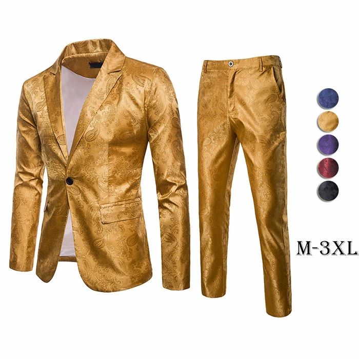 メンズスーツ 欧米風 上下2点セット 舞台衣装 メンズ ジャケット 1つボタン ズボン ジャカード ステージ衣装 派手 司会者 発表会 宴会 ..