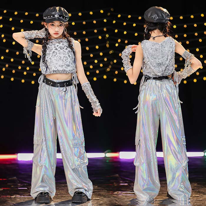 キッズジャズダンス衣装 キラキラ 女の子 トップス ノースリーブ フード付き シースルー パンツ 上下セット 光沢感 フリンジ 個性的 帽子 編み上げ ストリートダンス jazz ヒップホップ ステージ衣装 団体服 発表会 へそ出し 子供 hiphop locking popping 舞台演出服