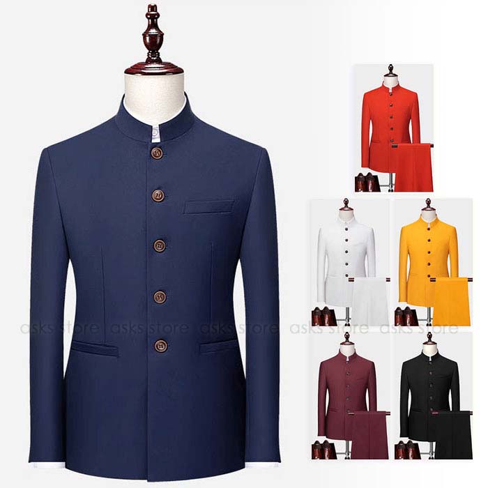 メンズ ビジネススーツセット スーツ 上下セット チャイナ風スーツ 立ち襟 ジャケット ズボン 礼服 唐装 中華風スーツ フォーマルスーツ 無地 結婚式 合唱団体服 卒業式 文化祭 学園祭 イベント 舞台演出服 ステージ衣装 チャイナスーツ 6色 大きいサイズ かっこいい