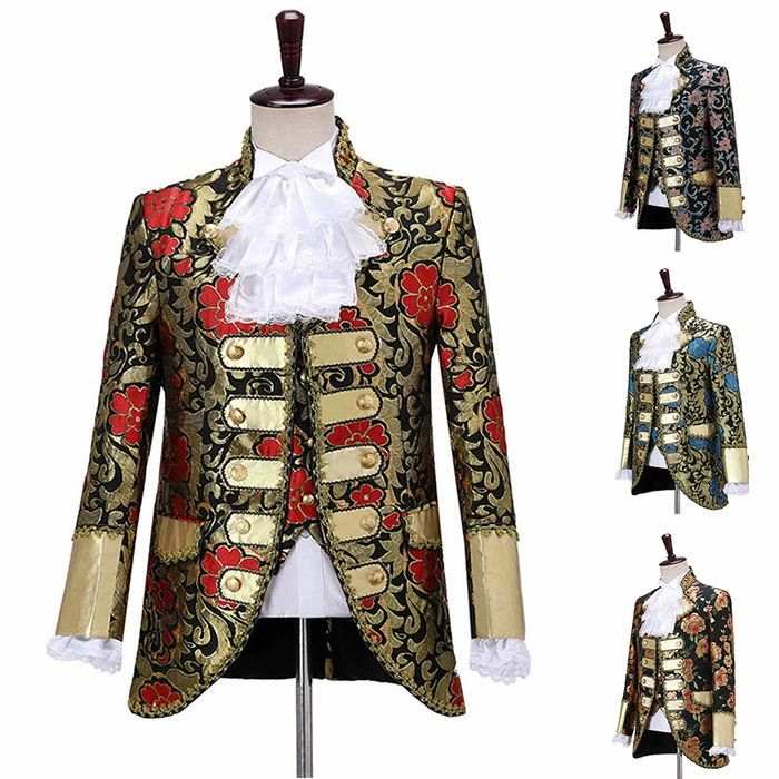 メンズスーツ ステージ 演出服 上下セット ジャケット ベスト ズボン 立ち襟 欧米風 宮廷衣装 演劇 舞台衣装 紳士服 王子様 コスプレ ハロウイン コスチューム 変装 仮装 花柄 総柄 新年会 発表会 忘年会 司会者 二次会 余興 フォーマル 演奏会 XS S M L XL
