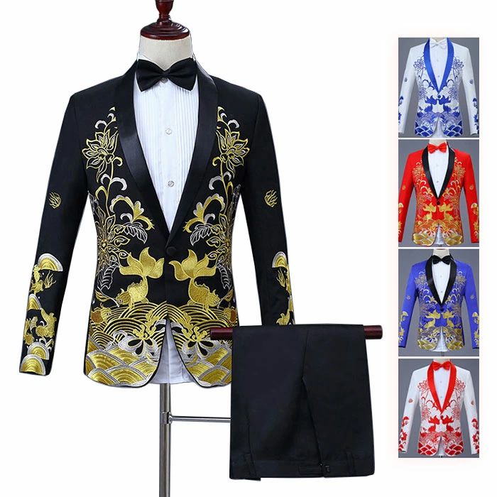 メンズスーツ ステージ衣装 5色 刺繍 スーツ 上下セット ジャケット ズボン 蝶ネクタイ 花刺繍 中華風 紳士服 舞台 演出服 司会 歌手 新年会 忘年会 カラオケ コンサート 文化祭 発表会 合唱 団体服 美しい花刺繍 写真撮影 スリム S M L XL 2XL 3XL