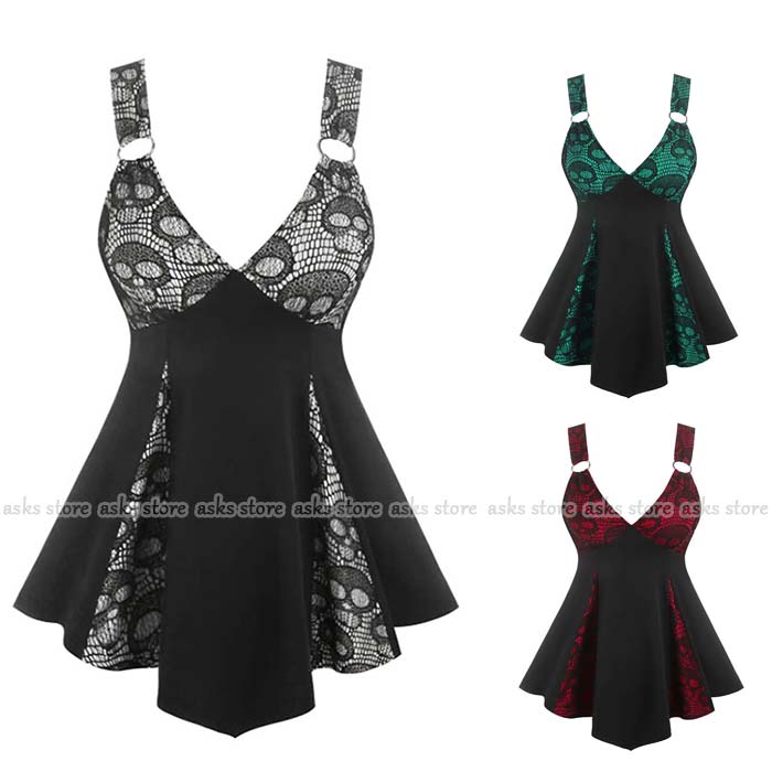 ハロウイン レース ワンピース Vネック セクシー キャミソール 暗黒系 ドレス ゴシック風 髑髏 配色 コスプレ衣装 コスチューム 仮装 ゴシック 変装 大人 不規則裾 女性 欧米風 ダンス衣装 舞台 ステージ衣装 吸血鬼 魔女 悪魔 巫女 ウィッチ 学園祭 文化祭 写真撮影 演出服