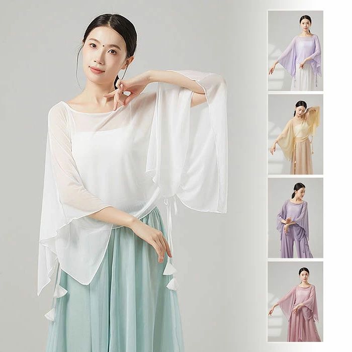 Rakuten - 大人ダンス衣装トップス 長袖 シフォン フレア袖 古典ダンストップス 練功服 シースルー 古典ダンスブラウス 社交ダンス 飄逸 練習着 チュール リボンあり モダンダンス 透け感 バレエ エレガント 古典舞踊 レディース 舞台ステージ衣装 クラシカル レッスン着 ナチュラル