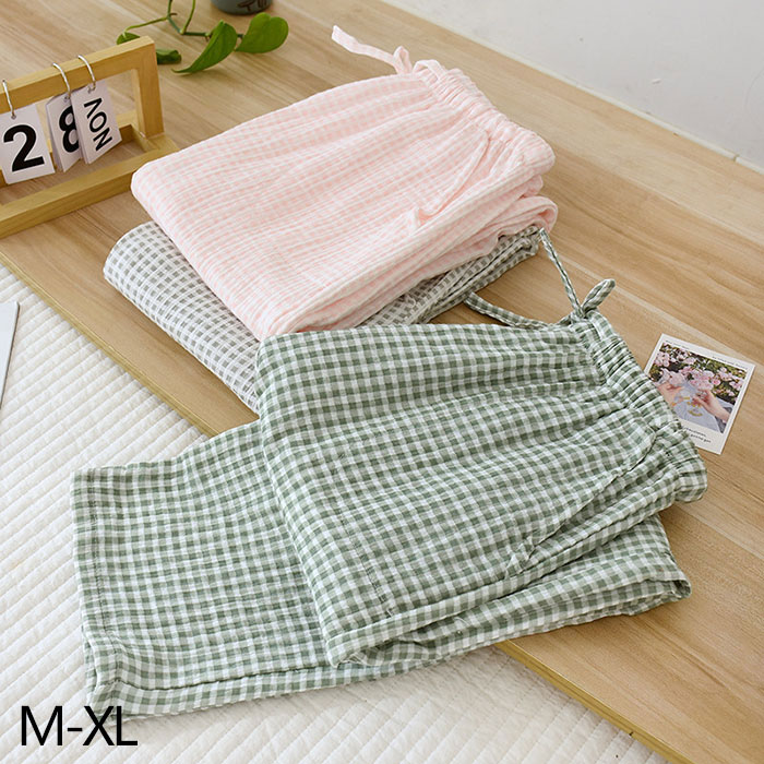 部屋着 レディース パジャマ ボトムス パンツ単品 ダブルガーゼ 二重ガーゼパジャマ チェック柄 綿100％ ガーゼ 春 秋 夏 冬 寝巻き ルームウェア 可愛い 入院 旅行 肌優しい 快眠 二重ガーゼ 母 女性 寝間着 パジャマ 贈り物 プレゼント 誕生日 お祝い ガーゼ M L XL
