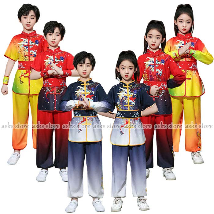 子ども武術演出服 男女兼用 キッズ 太極拳ウェア カンフー競技着 上下セット 長袖 半袖 グラデーション..