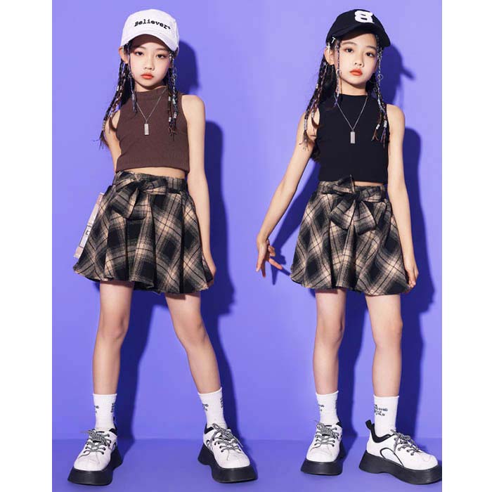 ガールズジャズダンス衣装 タンクトップ スカート チェック柄 ヒップホップ 女の子...