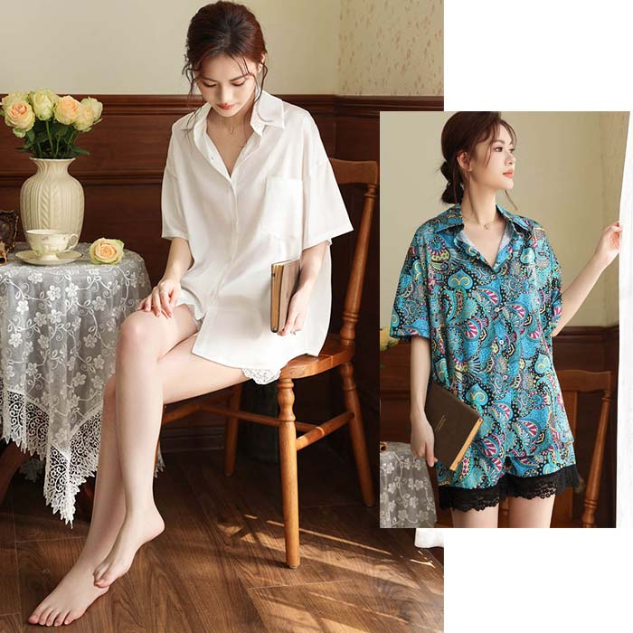 Room Wear - ルームウェア パジャマセット 春夏 レディース 可愛い パジャマ 上下セット 半袖 トップス 短パン ショートパンツ 涼しい 花レース裾 定番 ベーシック デイリー 部屋着 寝巻き 薄手 ゆったり 涼感 前開き 開襟 胸ポケット有り オープンカラー 体型カバー ママ 彼女 ギフト
