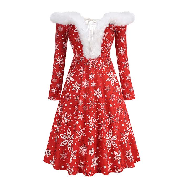 レディース クリスマスドレス ワンピース オフショルダー 肩出し ふわふわ レトロドレス 雪柄 スノー クリスマス サンタコス パーティードレス 細身 長袖 仮装 サンタ 女性 クリスマス コスプレ コスチューム 大きい裾 フレアドレス 演出服 大きいサイズ S M L XL 2XL