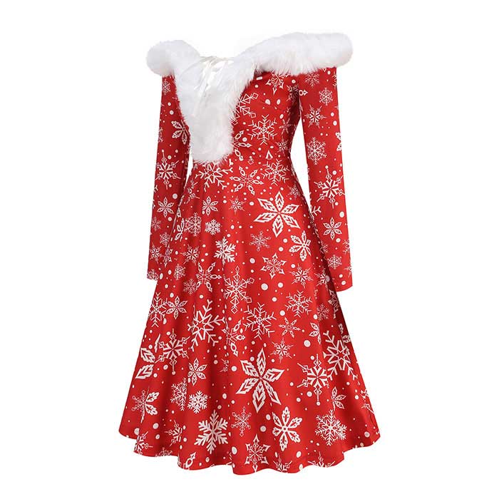 クレオパトラセレクトのレディース クリスマスドレス ワンピース オフショルダー 肩出し ふわふわ レトロドレス 雪柄 スノー クリスマス サンタコス パーティードレス 細身 長袖 仮装 サンタ 女性 クリスマス コスプレ コスチューム 大きい裾 フレアドレス 演出服 大きいサイズ S M L XL 2XL｜アングル2