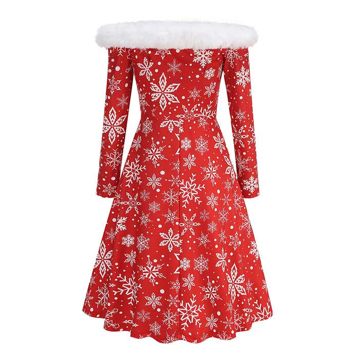 クレオパトラセレクトのレディース クリスマスドレス ワンピース オフショルダー 肩出し ふわふわ レトロドレス 雪柄 スノー クリスマス サンタコス パーティードレス 細身 長袖 仮装 サンタ 女性 クリスマス コスプレ コスチューム 大きい裾 フレアドレス 演出服 大きいサイズ S M L XL 2XL｜アングル3