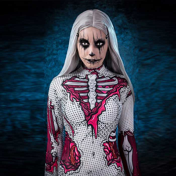 クレオパトラセレクトのジャンプスーツ ハロウイン コスプレ衣装 レディース ゾンビ キョンシー 全身タイツ 制服 コスチューム 仮装 妖怪 ボンテージ ボディースーツ 衣装 鬼 幽霊 吸血鬼 変装 ホラー パーティーグッズ halloween キョンシー服 ゾンビ服 欧米風 オカルト セクシー｜アングル2