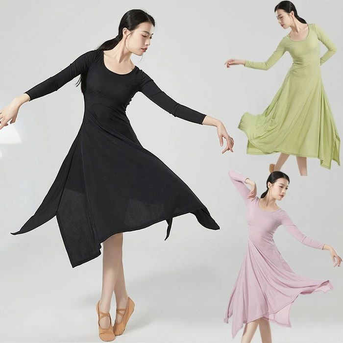 Dance Wear - 社交ダンスワンピース ダンス練習着 ワンピース 全3色 レディース ダンスワンピース レッスン 長袖 ボートネック 社交ダンス衣装 フレア裾 飄逸な大きい裾ドレス モダンドレス 練功服 民族風ドレス タンゴワンピース 古典ダンスワンピース ステージ衣装 お揃い 着痩せ S M L