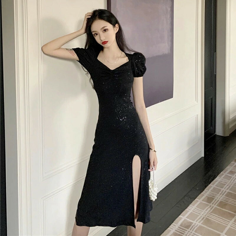 Rakuten - 春夏　新作　aラインワンピース 姫系ワンピース レディースワンピース 　キャバドレス　半袖　ドレスワンピース　オシャレ エレガント 大人かわいい 華やか 上品 セクシー　Vネック　フォーマル ミモレ丈　膝丈　 結婚式 二次会　お呼ばれ　セクシー 韓国ファッション