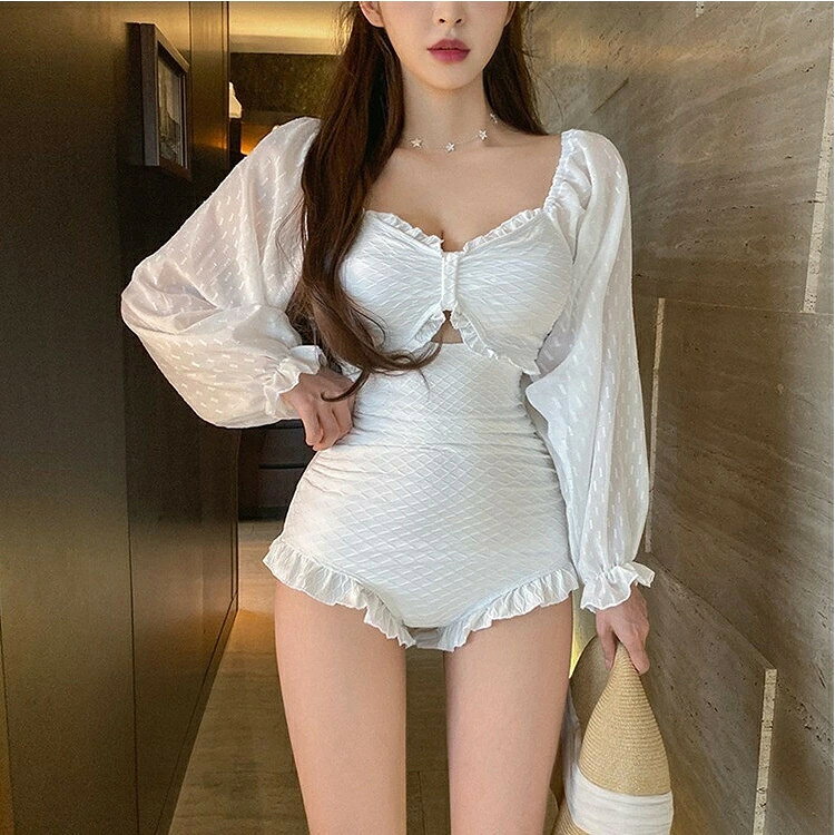 2way 水着 レディース ワンピース オールインワン 体型カバー セクシー お洒落 かわいい オフショルダー レース フリル バルーン袖 バッククロス レースアップ リブ パッド付き バスト 盛れる ノンワイヤー 二の腕 ウエスト カバーアップ