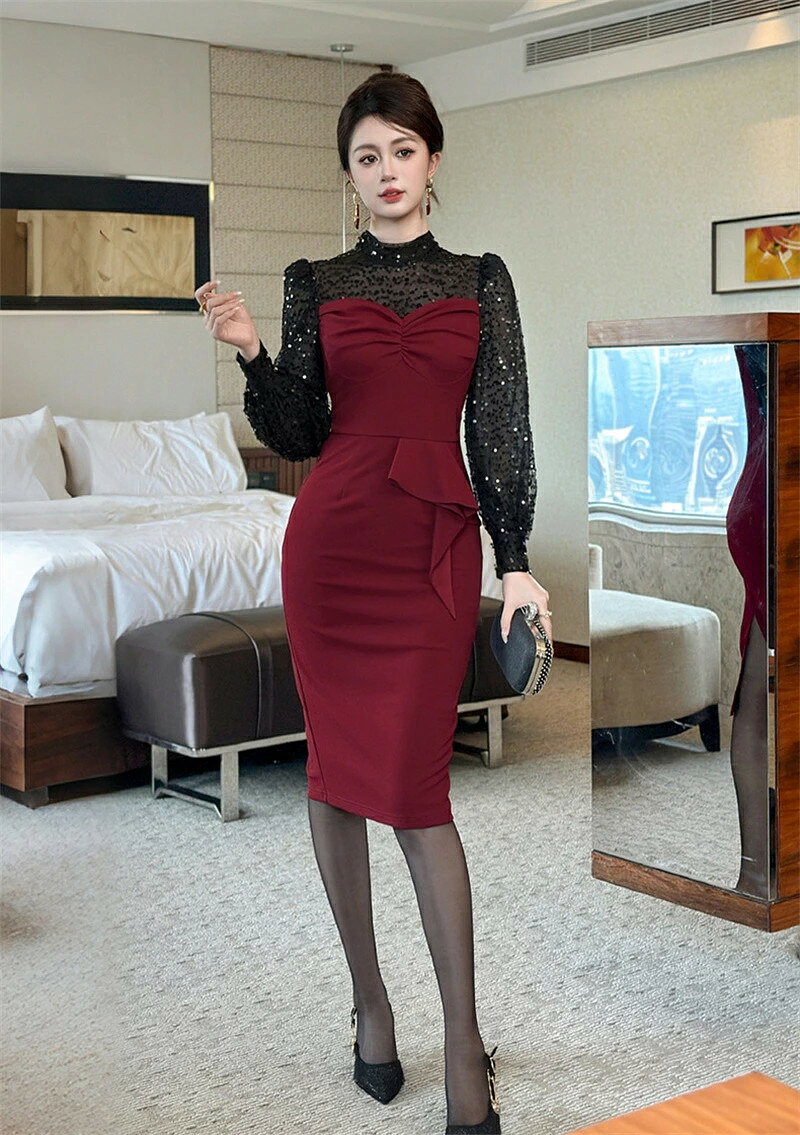 ワンピースドレス　ドッキングワンピース　レース切り替え　タイトフィットドレス　パーティードレス　フォーマル　　お嬢様　長袖　フリル付き　大人 上品 キレイめ　お呼ばれ　二次会 結婚式　披露宴　20代 30代 40代　ワインレッド　韓国ファッションレディース　秋冬 cleopatra7-10042118 クレオパトラセレクト サンプル画像2