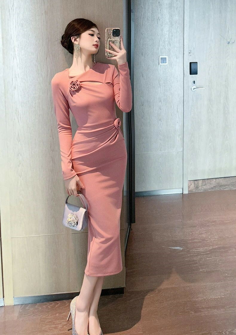 ワンピースドレス　タイトフィットドレス　ロング丈ワンピース　パーティードレス　キャバドレス　フォーマルドレス　お嬢様　長袖　大人 上品 　キレイめ　お呼ばれ　 二次会 結婚式　披露宴　ピンク　　20代 30代 40代　韓国ファッションレディース　秋冬 cleopatra7-10041978 クレオパトラセレクト サンプル画像2