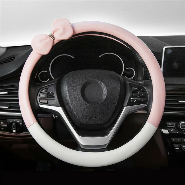 ハンドルカバー リボン レザー ステアリングカバー 滑り止め 汚れ防止 カー用品 汎用 自動車内装 男女兼用 可愛い ドライビング 38cm O型/D型 車用品 父の日