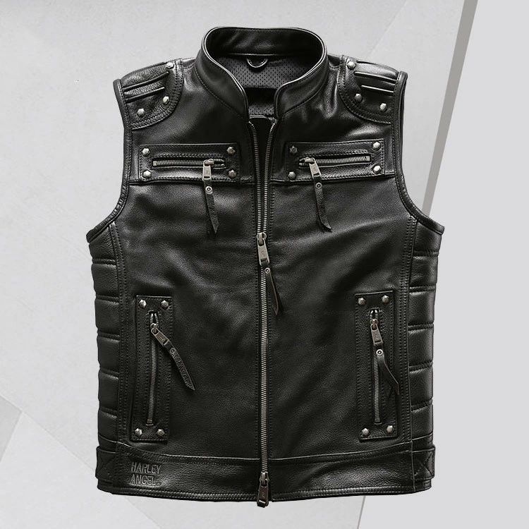 バイク革ベスト ライダーメンズ 牛革 バイクジャケット ライダースベスト 牛革バイクベスト バイクウェア レザー 本革 前開き カジュアル 革ジャン リベット 父の日