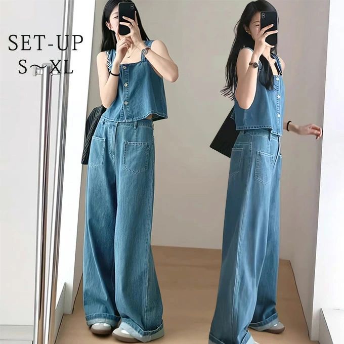Cropped Pants - 【クーポンで10％オフ】パンツセットアップ レディース 夏 上下セット デニムキャミソール デニムパンツ ロングパンツ ワイドパンツ ゆったり 大きいサイズ デニム ファッション おしゃれ 上下デニム デニムセット 無地 通勤 仕事 オフィス お洒落 レトロ ブルー 送料無料