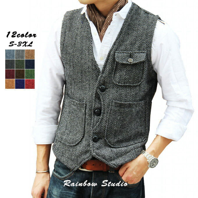 ベスト メンズ スーツ ジレ ツイード ウール 暖かい スリム 大きいサイズ シングル 細身 ビジネス 結婚..