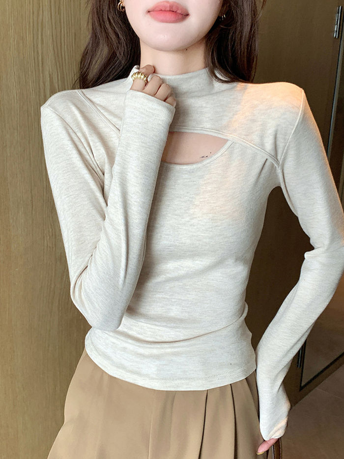 長袖 トップス カットソー ハイネック 胸開き セクシー 大人 可愛い エレガント おしゃれ 上品 フェミニン スタイルアップ カジュアル 無地 ベーシック トレンド スタイリッシュ オールシーズン