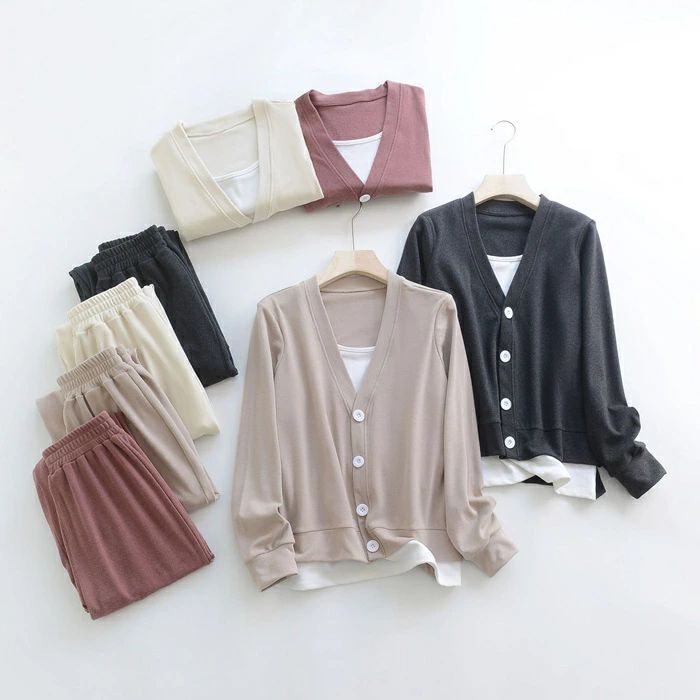 【クーポンで10％オフ】セットアップ レディース 秋新作 フェイクレイヤード バイカラー Vネックカーディガン ワイドパンツ 裏起毛 あったかルームウェア ゆったり おしゃれ 部屋着 カジュアル 秋冬ファッション