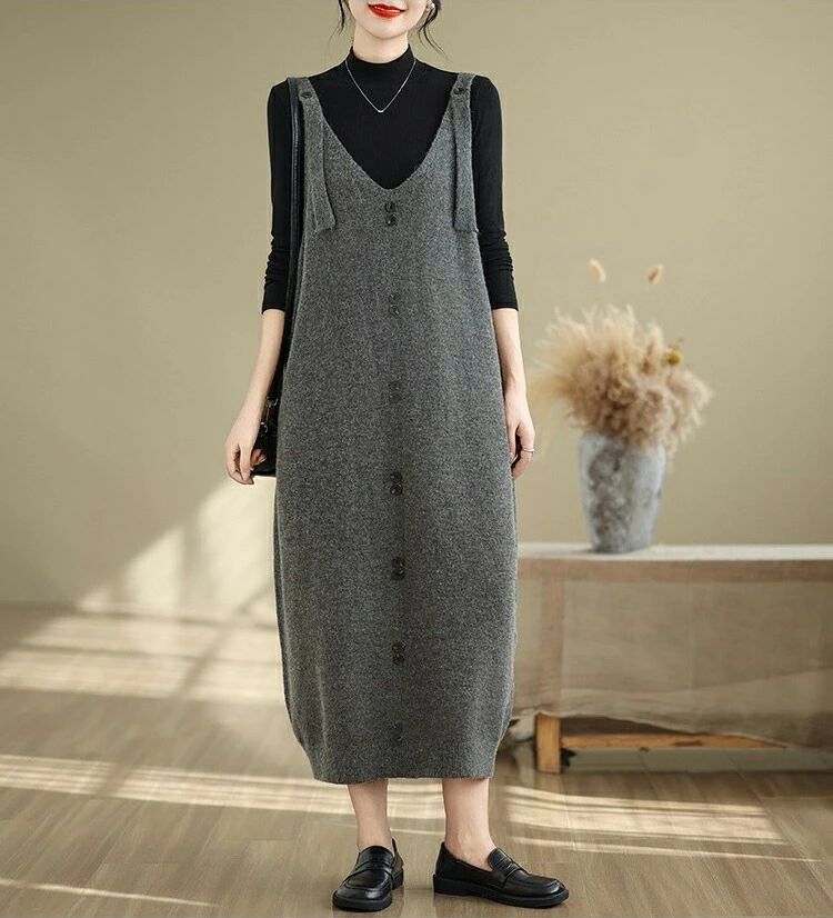 ジャンパースカート ニット サロペット レディース 体型カバー ワンピース ロング 春 秋 冬 キャミワンピース 大きいサイズ Vネック ロングワンピース オールインワン ニットワンピース ノースリーブ ニットワンピ シンプル マキシ丈 ロング 重ね着 大人 おしゃれ