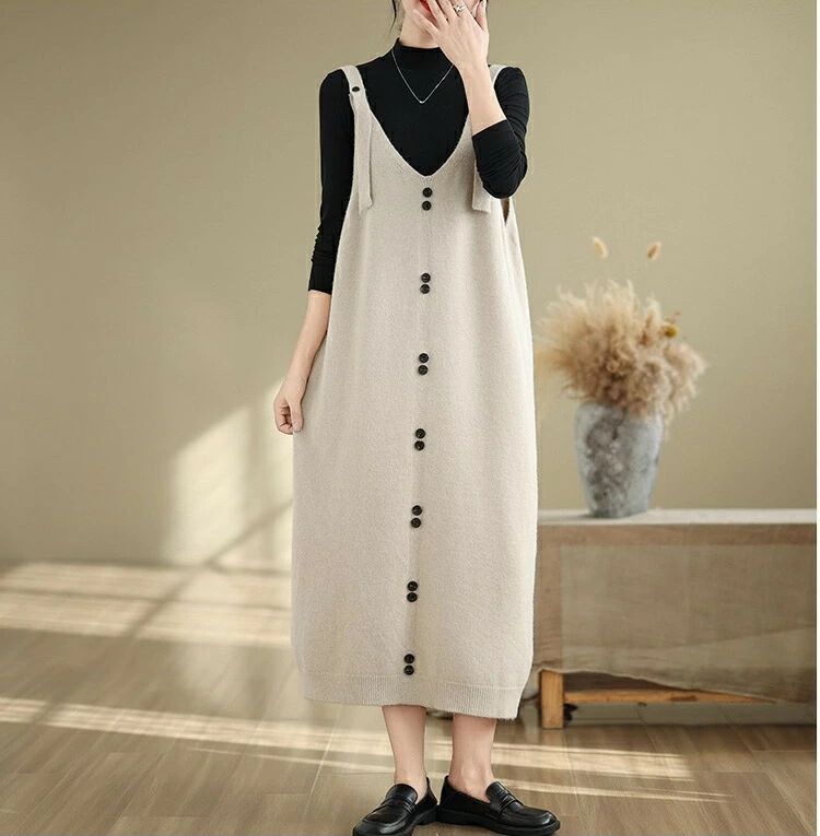 ジャンパースカート ニット サロペット レディース 体型カバー ワンピース ロング 春 秋 冬 キャミワンピース 大きいサイズ Vネック ロングワンピース オールインワン ニットワンピース ノースリーブ ニットワンピ シンプル マキシ丈 ロング 重ね着 大人 おしゃれ