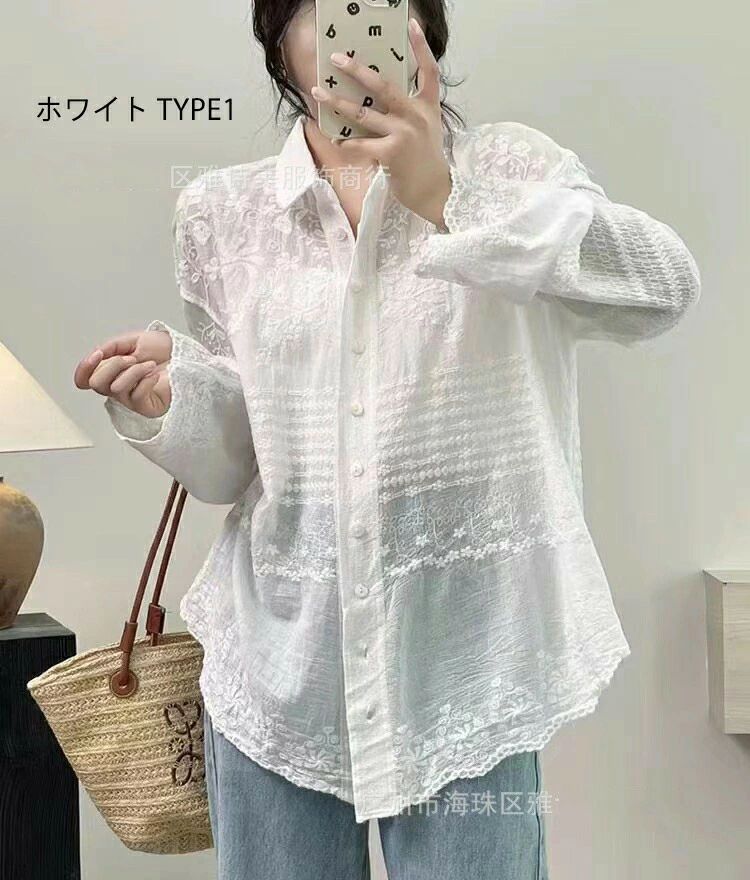 レースシャツ レディース 長袖 シャツ トップス 羽織 刺繍 レース ボタン 透かし彫り シアー シースルー 綿 コットン 軽い 薄い 大人 おしゃれ 上品 かわいい レースブラウス 春 秋 20代 30代 40代