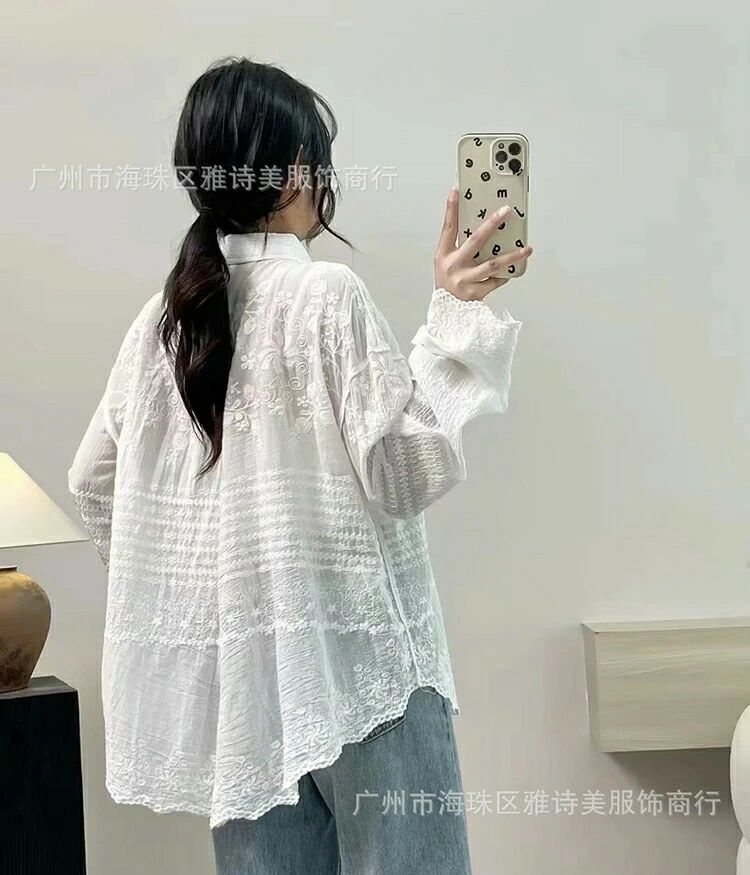 レースシャツ レディース 長袖 シャツ トップス 羽織 刺繍 レース ボタン 透かし彫り シアー シースルー 綿 コットン 軽い 薄い 大人 おしゃれ 上品 かわいい レースブラウス 春 秋 20代 30代 40代