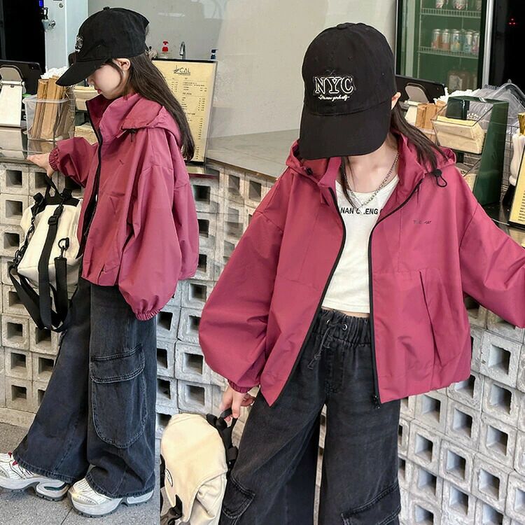 2025秋新作 女の子 裏起毛 ウィンドブレーカー 韓国風 フード付きジャケット カジュアル 中大児向け 子供服 秋アウター(4)