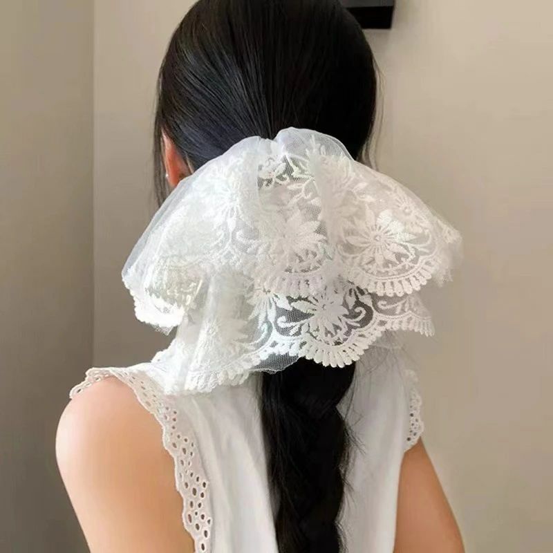 【韓国風×春夏新作】レースシュシュ｜ホワイト×ボリューム感｜大人可愛いヘアアクセ｜高級感×姫系デザ..