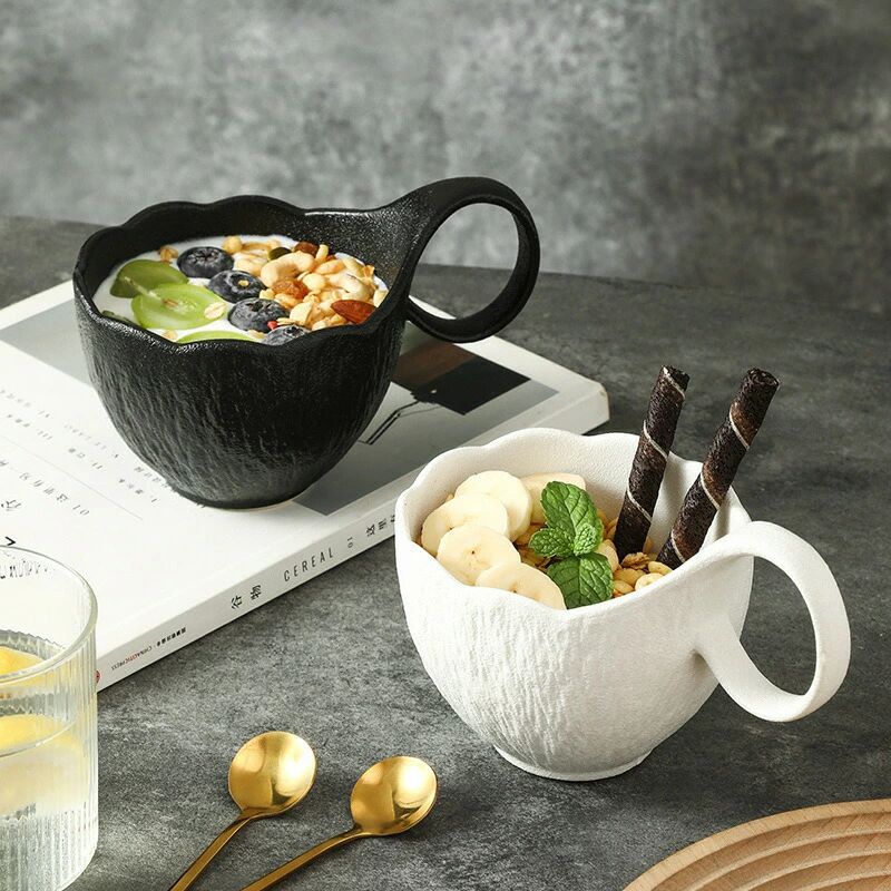 【北欧風×大容量】陶瓷マグカップ｜曲線ハンドル付き｜朝食・オートミール・カフェ・スイーツに最適｜..