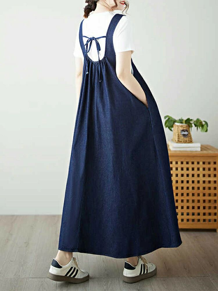サロペット サロペットスカート ジャンパースカート オーバーオール オールインワン デニムワンピース ロング丈 デニム Uネック フレア リボン ノースリーブ 体型カバー マキシ丈 レディースワンピース 大きめ 春 夏 秋 冬 ワンピース スカート