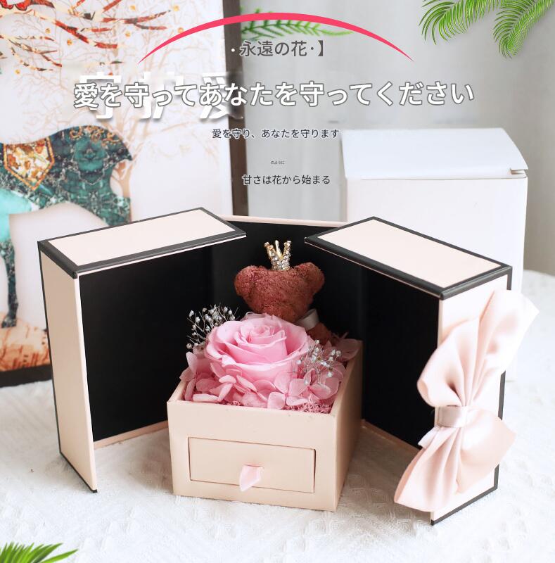 2025年新作小熊＆ローズ付きジュエリーボックスギフト｜ネックレス＆リップ入り・永生花ハート型プレゼ..
