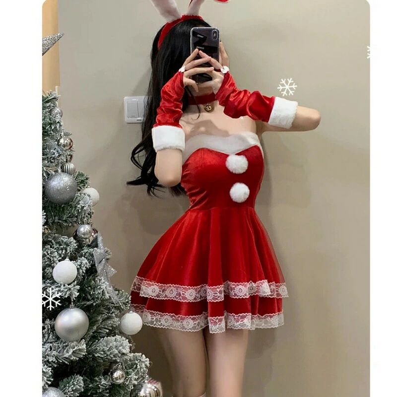 2025年クリスマス＆新年レース赤ワンピースセット｜セクシー＆可愛いコスプレ制服・イベント映え衣装ク..