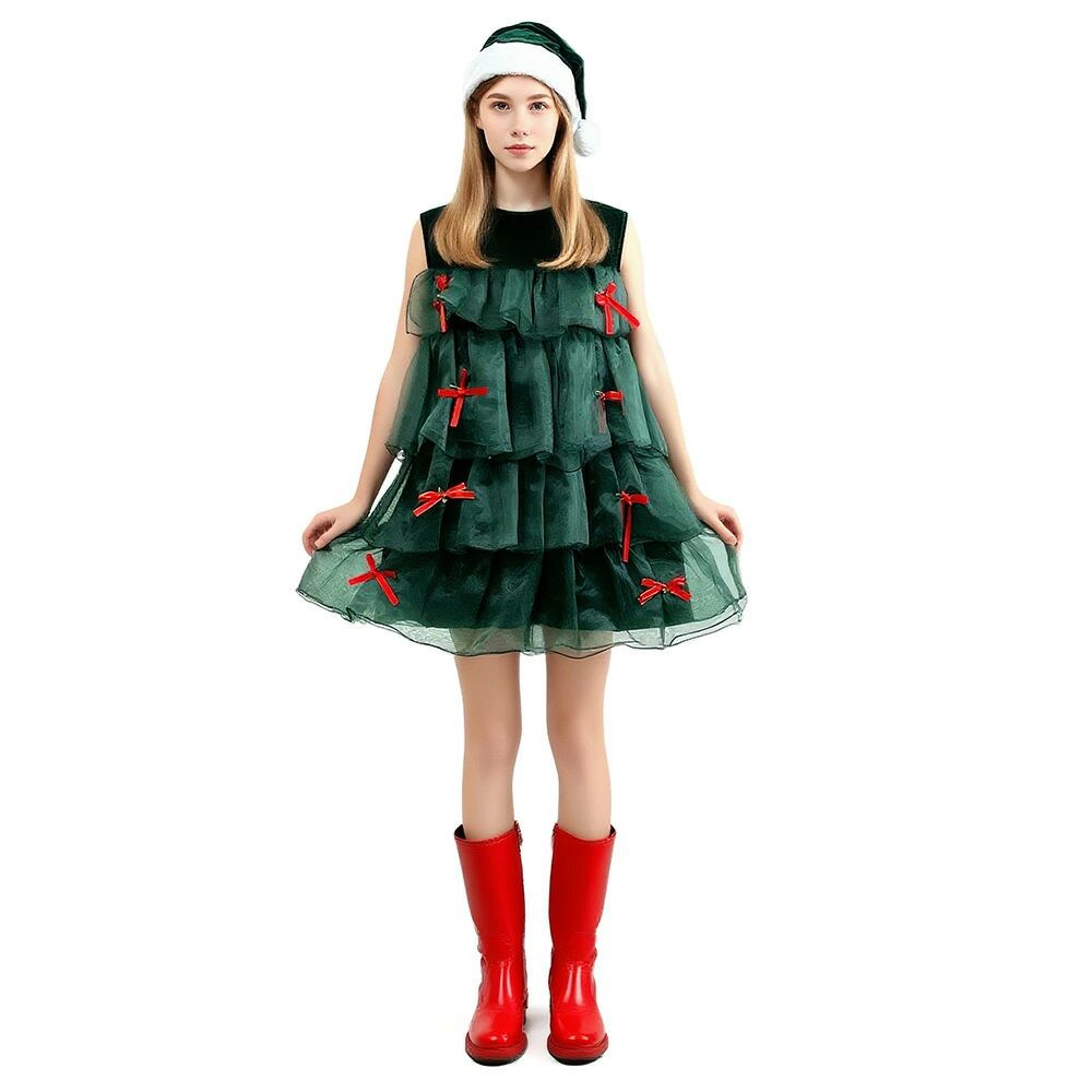 クレオパトラセレクトの【クーポンで10％オフ】クリスマスツリー 衣装 ノースリーブ グリーン ティアードスカート パーティー パフォーマンス 舞台 コスプレ｜アングル3