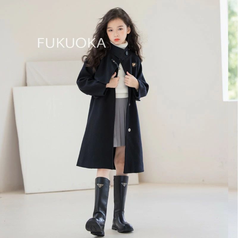 2025秋冬新作 親子ペア 女の子 ウールコート 韓国風 中長丈アウター 開襟タイプ おしゃれ 大人っぽい 女児用コート 中大児向け