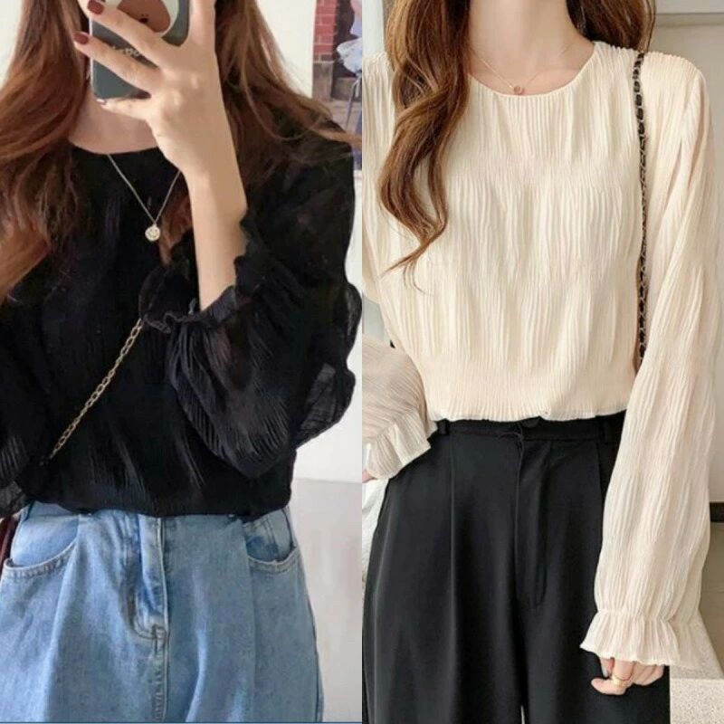 レディース ブラウス シフォン プリーツ ロングスリーブ ゆったり 春 秋 冬 普段着